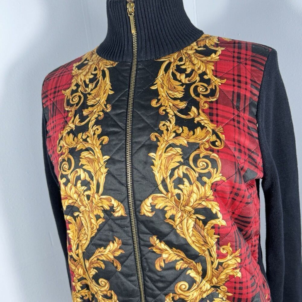 Ralph Lauren Sz L Black Knit Gold Baroque Cotton Quilted Front Zip Cardigan - Picture 3 of 13